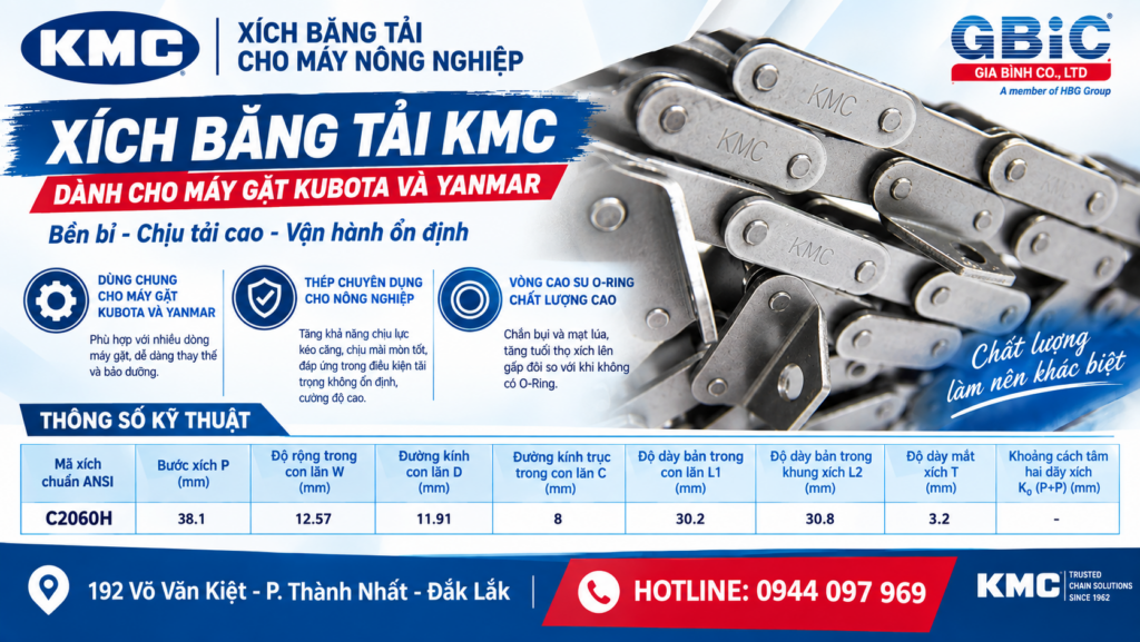Xích băng tải KMC cho máy gặt Kubota và Yanmar